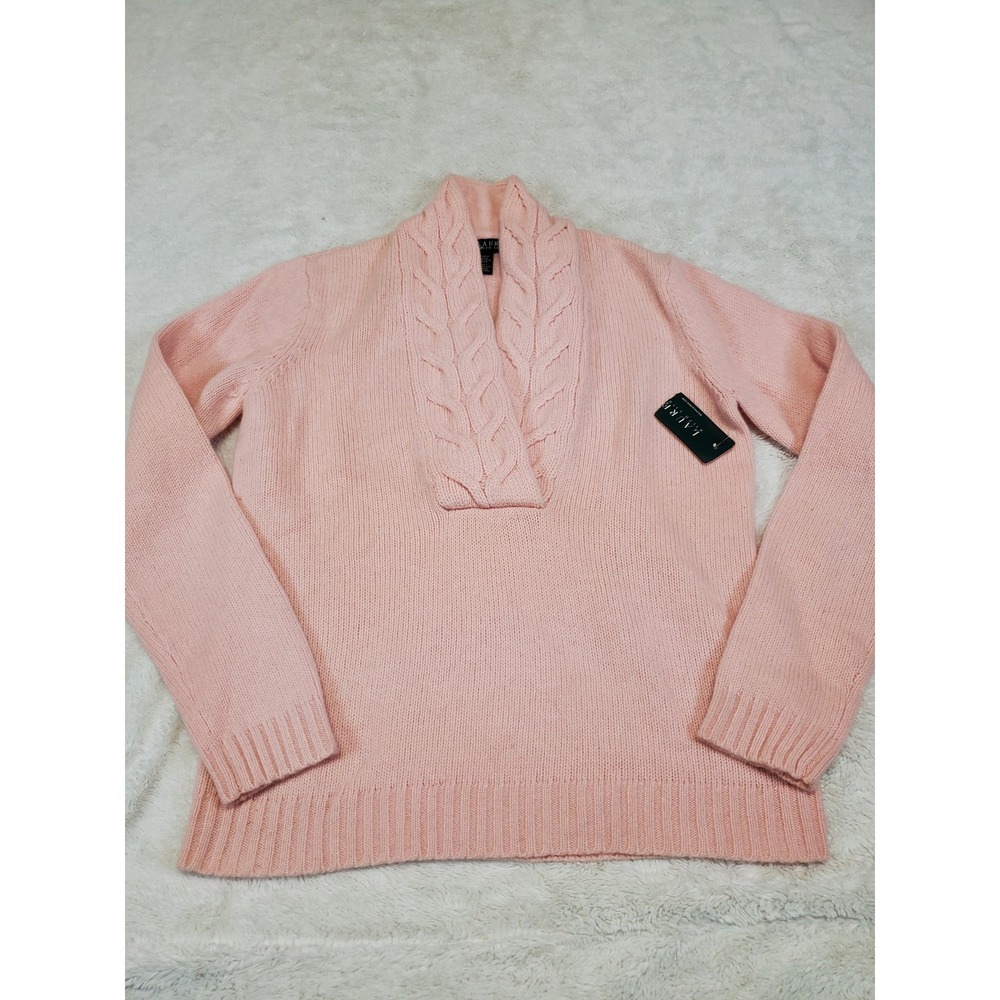 NWT Lauren Ralph Lauren Pink Cable Knit Wool V Neck Sweater Medium Casual Modest